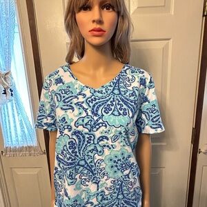 Talbots XL printed soft lightly pastel tee top w/Ruby Rd.18W blue capri pants .